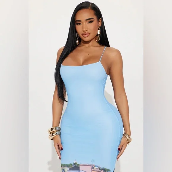 Fashion Nova Amaya Printed Mesh Maxi Dress - Blue/combo size small - Picture 2 of 3